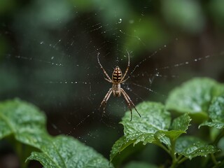 Wall Mural - Spider weaving a web among green leaves.