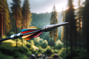 flying arrow with a shiny metal tip on a forest background