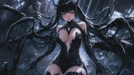 Wall Mural - A sexy anime style girl with costume gothic dark black style background wallpaper AI generated image