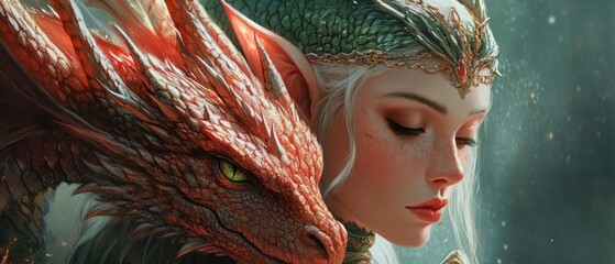 A woman elf with a dragon animal as a friend or pet background wallpaper AI generated image