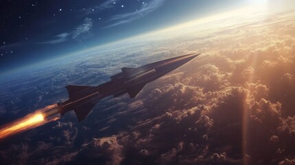 Aufkleber - A sleek rocket propels upward into the sky, leaving a trail of flames as it ascends through a vibrant atmosphere. The sun rises on the horizon, casting warm light across the clouds below.