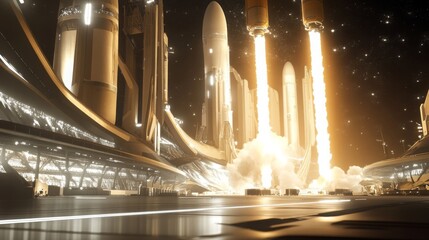 Fototapete - A massive rocket is launching from a sleek, advanced spaceport under a starry sky. Flames burst from the engines as the vehicle ascends, surrounded by towering structures and intricate technology.