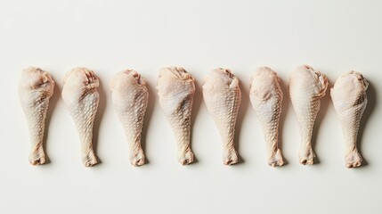 Raw chicken drumsticks neatly placed on a plain white background, perfect for showcasing freshness and quality for culinary purposes.