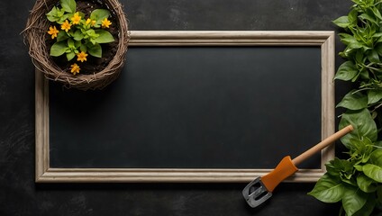 Top view of gardening equipment and an empty blackboard on white.