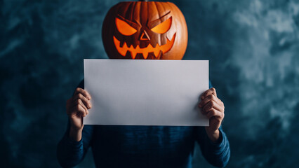 Jack-o'-lantern, Halloween. A person holding a white piece of paper and holding it up in front of body. Can write any character or symbol. Smile, anger, serious expression.