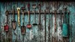 © Adnan saheem - A detailed view of an old farmhouse tool shed with an array of gardening tools hanging on a weathered wooden wall