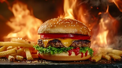 Juicy cheeseburger with french fries on a black surface against a background of fire.