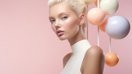 A fashion portrait captures a model with light hair against a pastel pink background adorned with colored balloons.