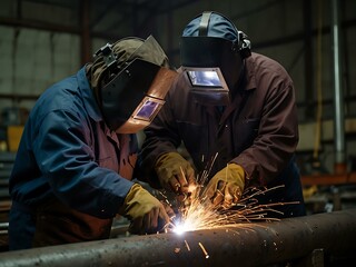 Two welders using arc welding on a pipe flange.