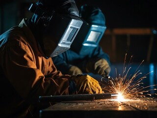 Two welders using arc welding on a pipe flange.