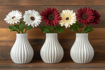 Wall Mural - View from the bird's eye of two white vases with red and white flowers on a white table