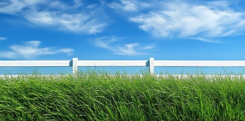 an elegant white fence with blue skies and green grass