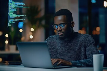 A software developer engages in programming on a radiant laptop within a sleek, contemporary office space.