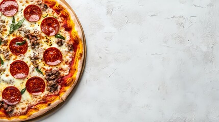 Pepperoni pizza sliced on white background with salami and cheese