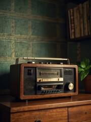 Vintage radio cassette player in a retro room.