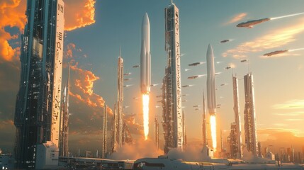 Fototapete - A white rocket blasts off from a futuristic city as the sun sets in the sky. Several other rockets fly overhead.
