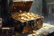 © Avr Di - A cartoonish long shot of a bronze treasure chest filled with gold on a dark background