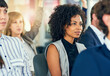 © TamJam/peopleimages.com - Employees, seminar and team building in office, question and audience asking for mission briefing. Business people, conference and hand raised for feedback in workplace, staff convention and meeting