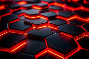 Abstract hexagon pattern with red glowing light in close-up