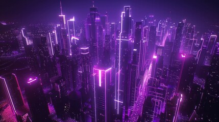 Futuristic city skyline at night with glowing neon lights in shades of purple and blue