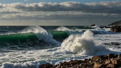 Sticker - Waves crashing against rocky shores.