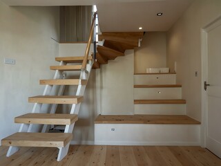 Poster - White Scandinavian Stairs with Light Oak Steps and Soft Beige Walls