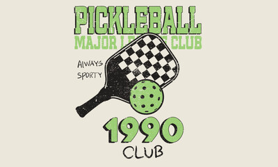 Pickleball league graphic print design. Sport logo. College font. Racket tournament. Tennis college league. Vintage artwork for sportswear. Pickleball club vector t-shirt design.