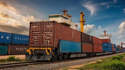 Freight train carrying cargo containers leaving from a port at sunset