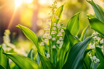 Wall Mural - Lily of the valley flowers against a tropical background