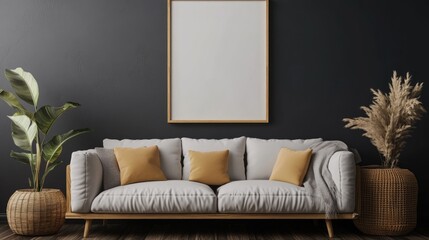 Modern Living Room Interior with Empty Vertical Wooden Poster Frame and Green Sofa on Grey Floor