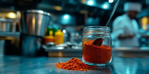 An astaxanthin powder jar with a spoonful, positioned against a double exposure pharmacy backdrop