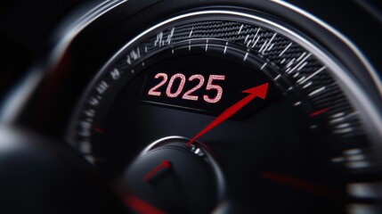 Countdown to 2025 on a black speedometer