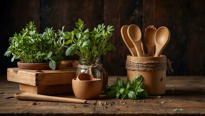 Wall Mural - Wooden Utensils with Fresh Herbs on Rustic Table