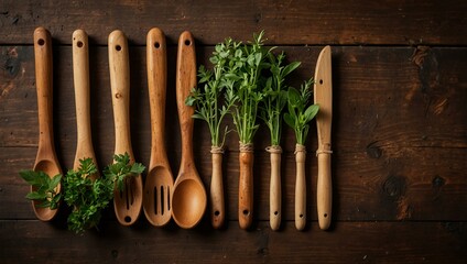 Wooden Utensils with Fresh Herbs on Rustic Table