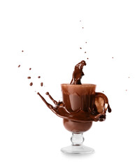 Canvas Print - Splash of tasty hot chocolate in glass cup on white background