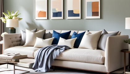 Wall Mural - Cozy modern living room with beige pillows and blanket on a sofa illuminated by sunlight in a minimalistic style