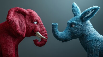 In a dramatic confrontation, a red elephant and a blue donkey face each other, symbolizing the clash of political ideologies and party rivalry in a unique artistic way