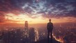 © Johannes - Business aspirations touching sky businessman gaze on cityscape high. Silhouettes of success dreams in urban lights future promise in professional. In heart of city ambitions fly leader stands goals