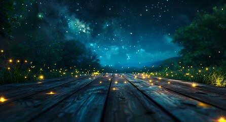 Wall Mural - a wooden floor with lights on it at night time with stars in the sky above it and a forest..