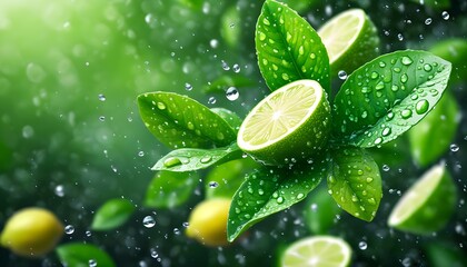 Canvas Print - Dynamic splash of green limes and fresh mint leaves with water droplets in an abstract blur of floating citrus fruits