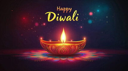 Illustration of Diwali festival Diya Lamp with rangoli at the bottom, vibrant colors, text 