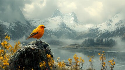 Poster - Serene Mountain Landscape with a Bird and Yellow Flowers