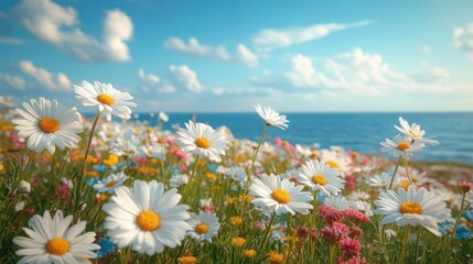 Coastal Connecticut meadow with wild white daisies and colorful wildflowers blooming under the summer sun. Scenic Atlantic Ocean backdrop, ature's beauty and serene, romantic charm