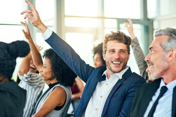 Poster - Tradeshow, audience and hands raised with question, discussion and meeting for business. Group of people, team and collaboration with workshop, training or coaching with conference and brainstorming