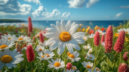 Coastal Connecticut meadow with wild white daisies and colorful wildflowers blooming under the summer sun. Scenic Atlantic Ocean backdrop, ature's beauty and serene, romantic charm