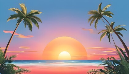 tropical beach sunset in flat landscape style with vibrant colors and serene seascape illustration