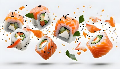 Dynamic sushi explosion with vibrant ingredients in motion against a clean white backdrop, illustrating the essence of Japanese culinary art