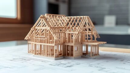 Wooden frame house model under construction on blueprints. building project with text space