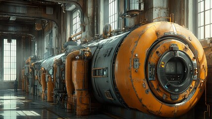 Canvas Print - Futuristic Industrial Machinery in a Grunge Warehouse