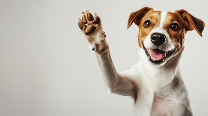 a cheerful dog lifts its paw for a high-five gesture against a white background, leaving ample space